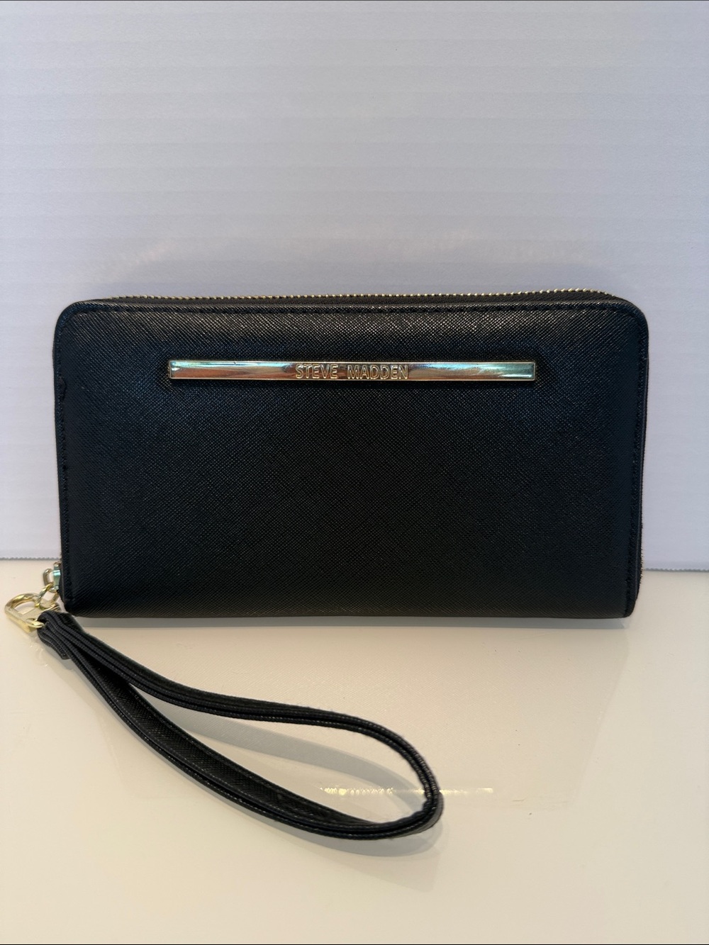 Steve Madden Black Zip Wristlet with Gold Accent
